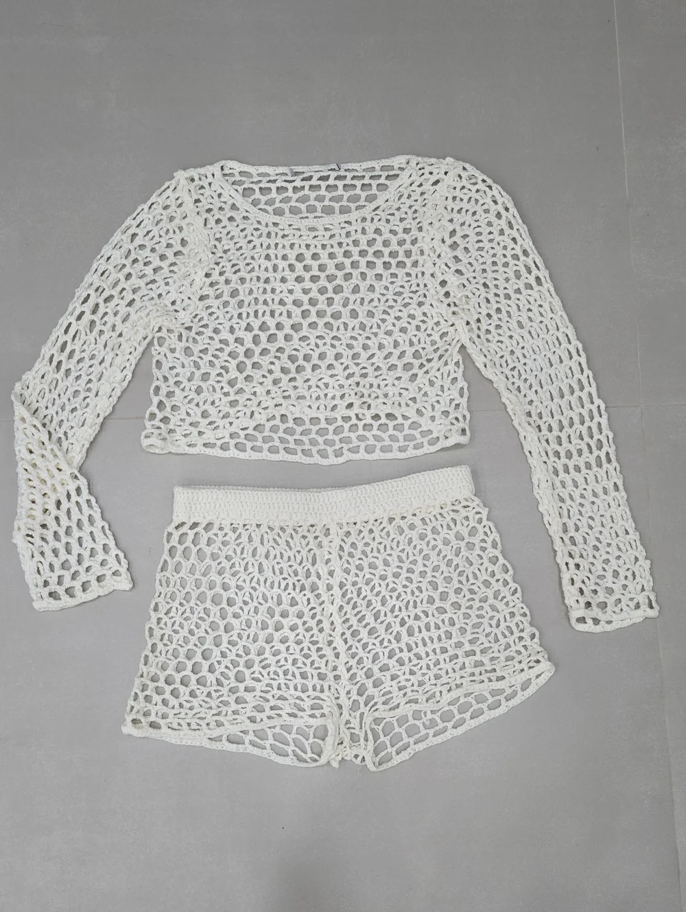 Zara Crochet Open-Knit Long Sleeve Top & Shorts Set In White Size XS/S